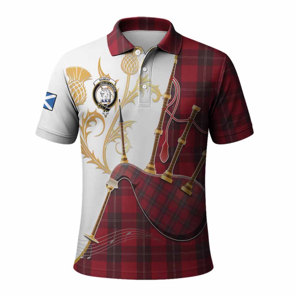 Ramsay Tartan Family Crest Polo Shirt Bagpipes with Scottish Thistle