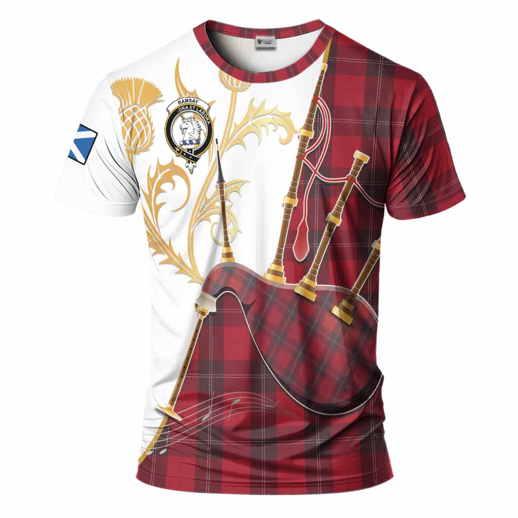 Ramsay Tartan Family Crest T-Shirt Bagpipes with Scottish Thistle