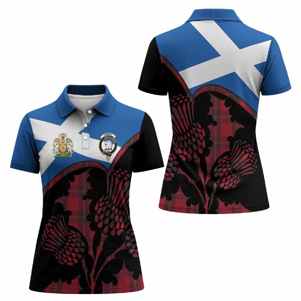 Ramsay Tartan Family Crest Women Polo Shirt Scotland Thistle Floral Flag Style