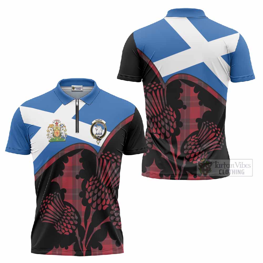 Ramsay Tartan Family Crest Zipper Polo Shirt Scotland Thistle Floral Flag Style