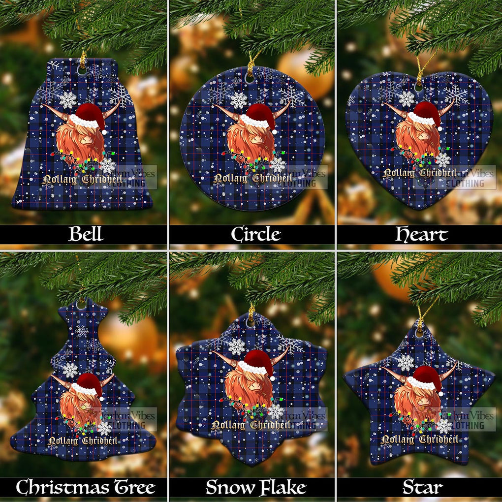 Rangers Tartan Christmas Ceramic Ornaments with Twinkle Highland Cattle Ceramic - Tartan Vibes Clothing