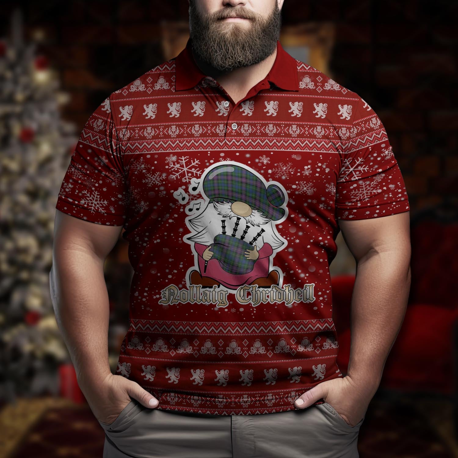 Rankin Clan Christmas Family Polo Shirt with Funny Gnome Playing Bagpipes Men's Polo Shirt Red - Tartanvibesclothing