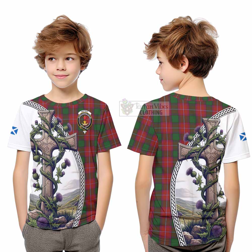 Tartan Vibes Clothing Rattray Tartan Kid T-Shirt with Family Crest and St. Andrew's Cross Accented by Thistle Vines