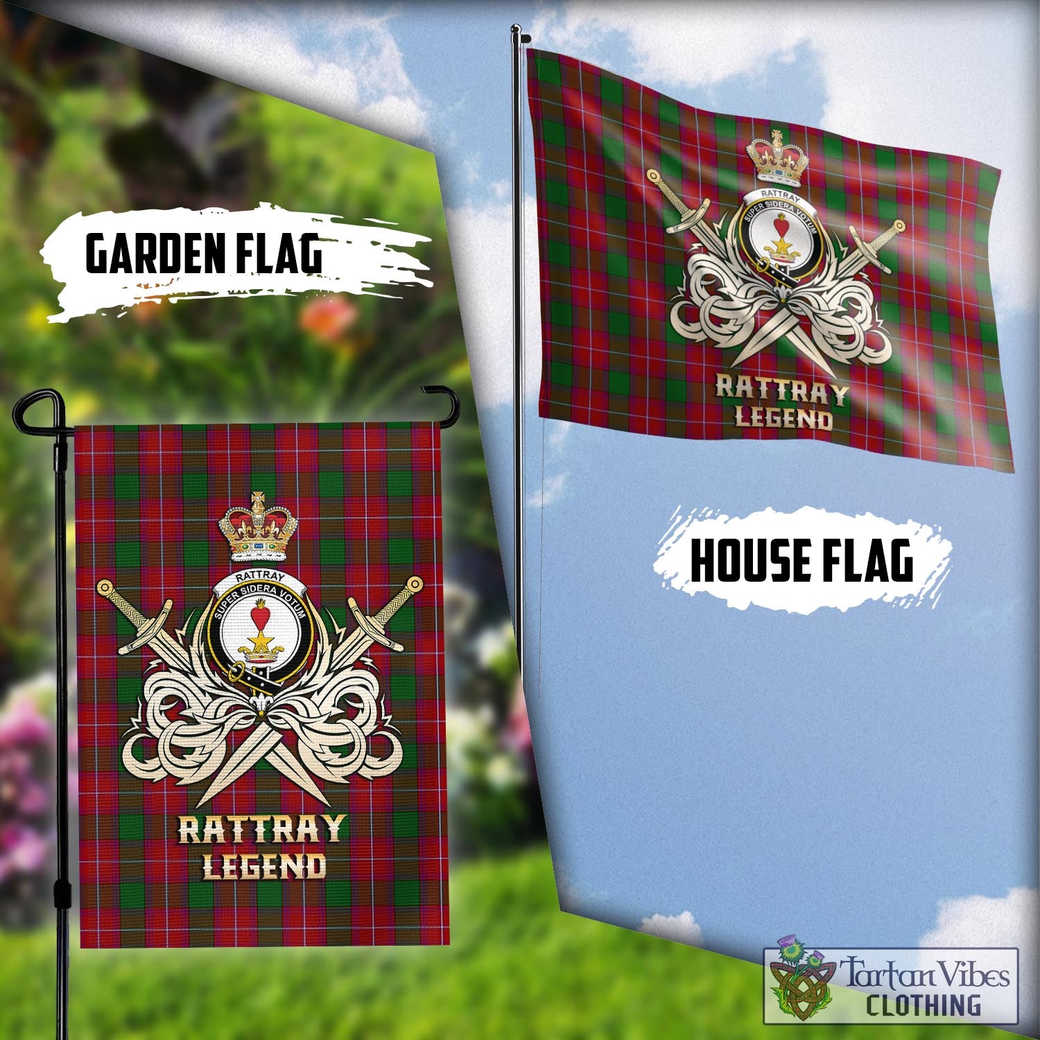Tartan Vibes Clothing Rattray Tartan Flag with Clan Crest and the Golden Sword of Courageous Legacy