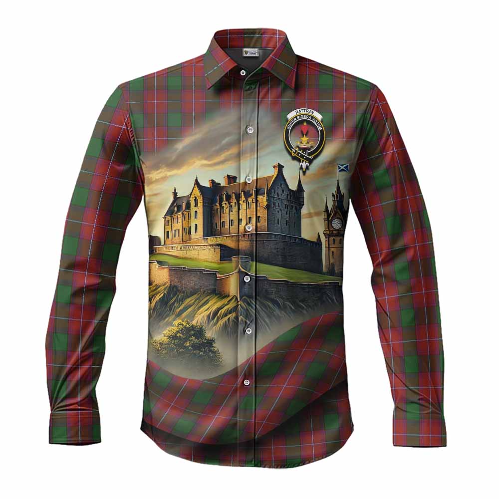 Tartan Vibes Clothing Rattray Tartan Family Crest Long Sleeve Button Shirt with Scottish Ancient Castle Style