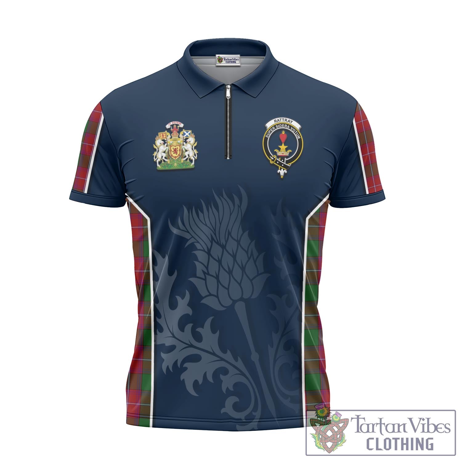 Tartan Vibes Clothing Rattray Tartan Zipper Polo Shirt with Family Crest and Scottish Thistle Vibes Sport Style