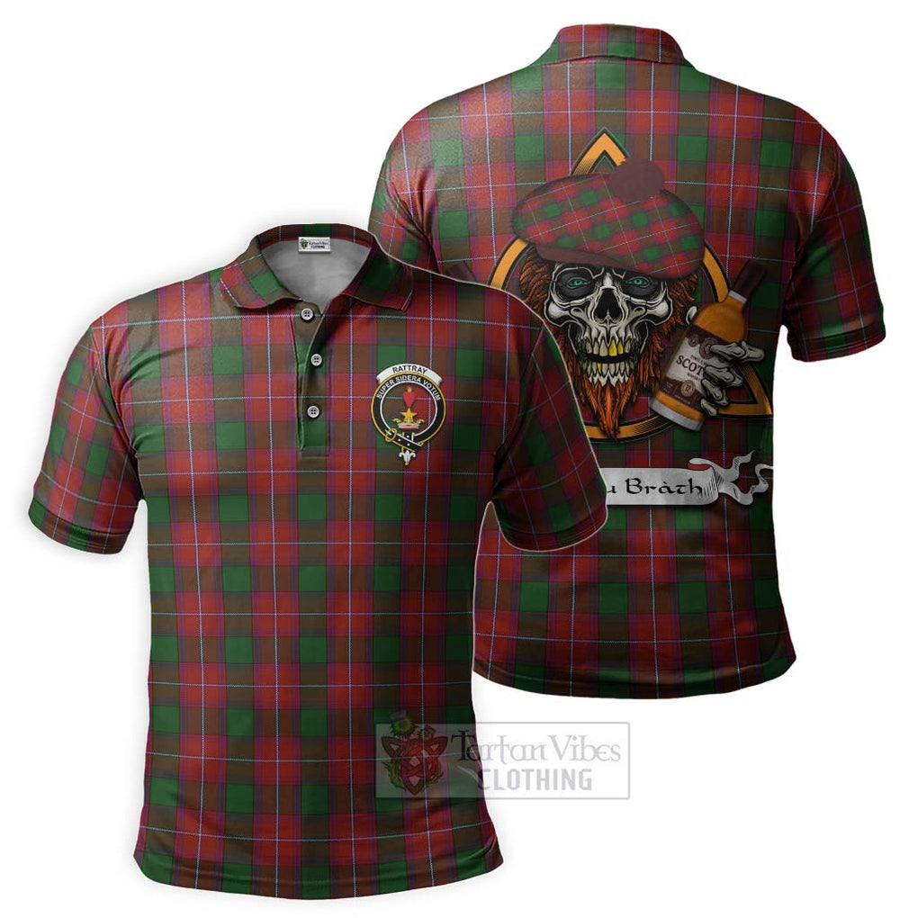 Tartan Vibes Clothing Rattray Tartan Polo Shirt with Family Crest and Bearded Skull Holding Bottles of Whiskey