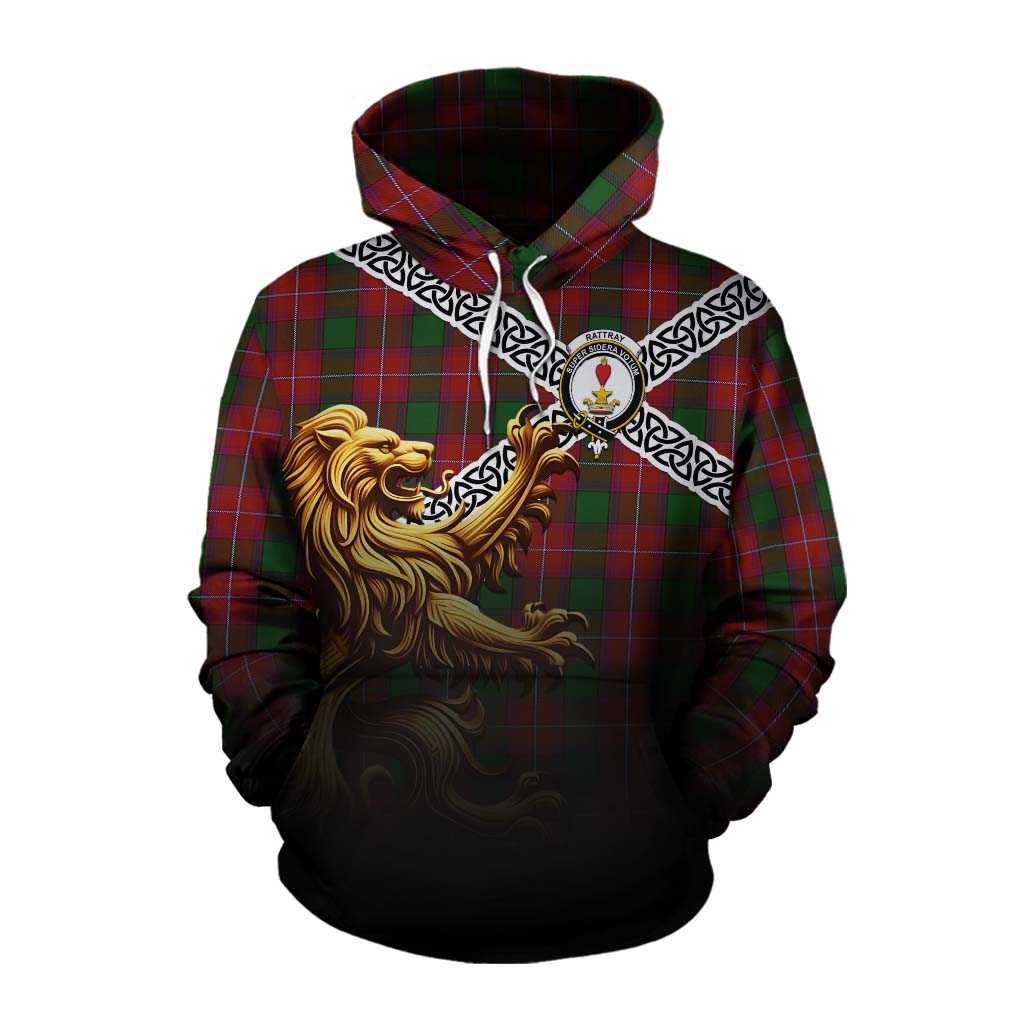 Tartan Vibes Clothing Rattray Crest Tartan Cotton Hoodie with Golden Lion Emblem Celtic Style