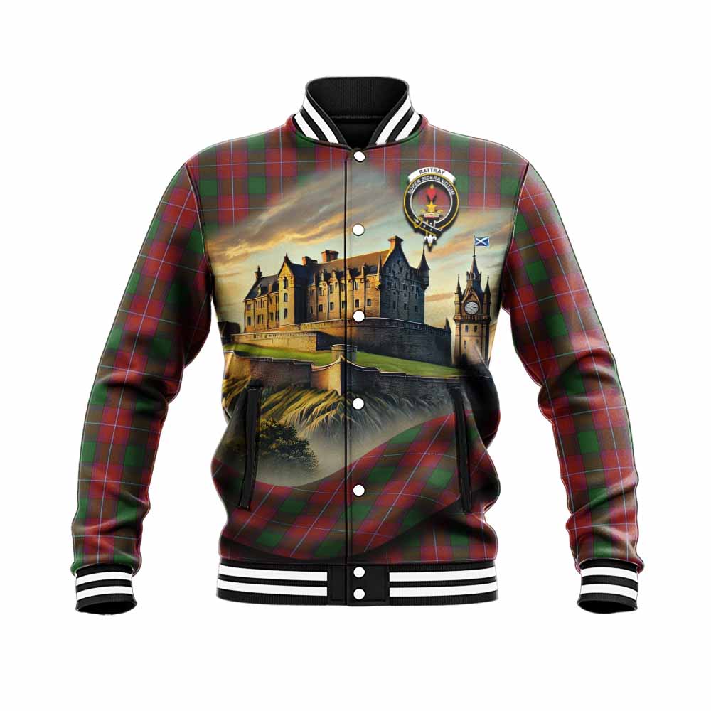 Tartan Vibes Clothing Rattray Tartan Family Crest Baseball Jacket with Scottish Ancient Castle Style