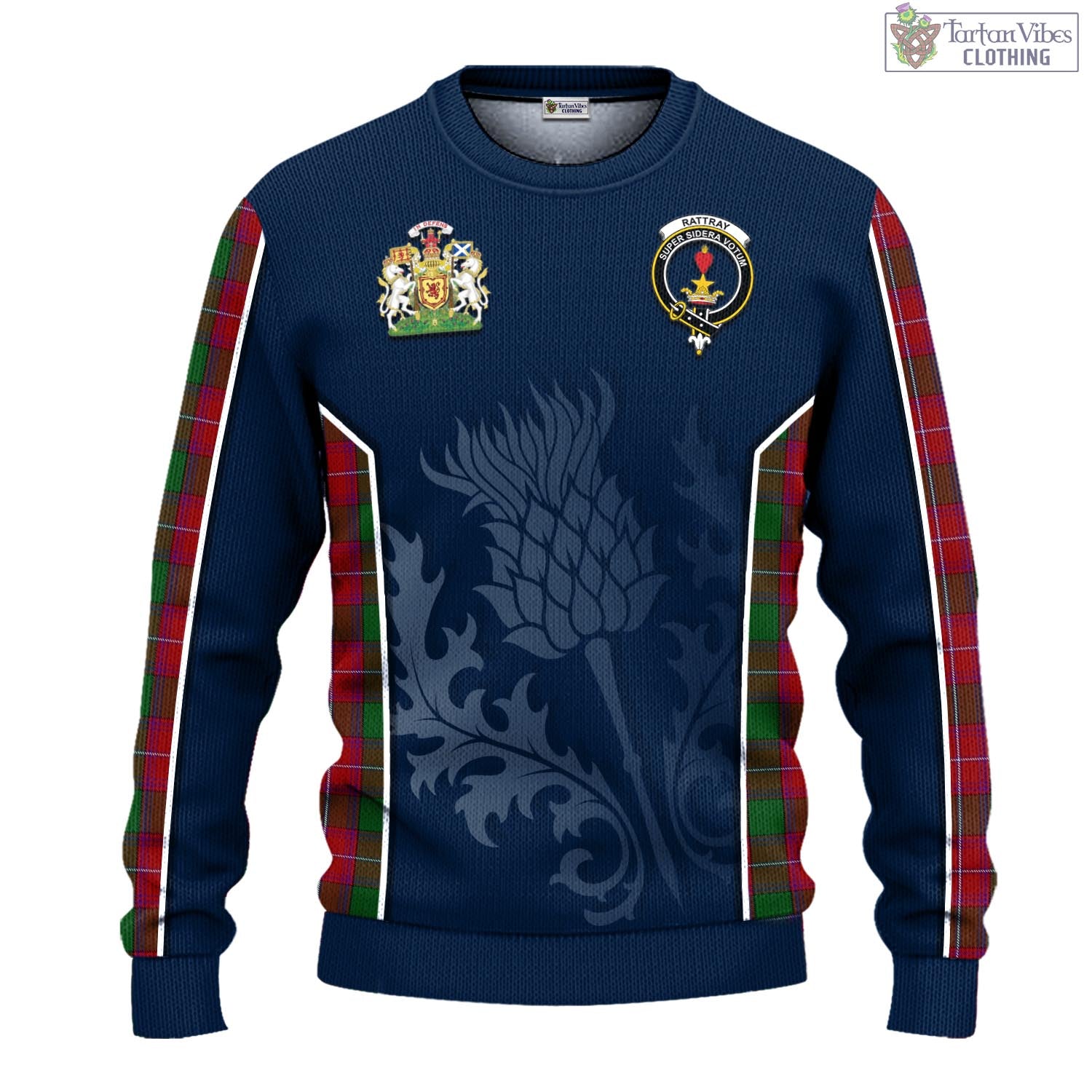 Tartan Vibes Clothing Rattray Tartan Knitted Sweatshirt with Family Crest and Scottish Thistle Vibes Sport Style