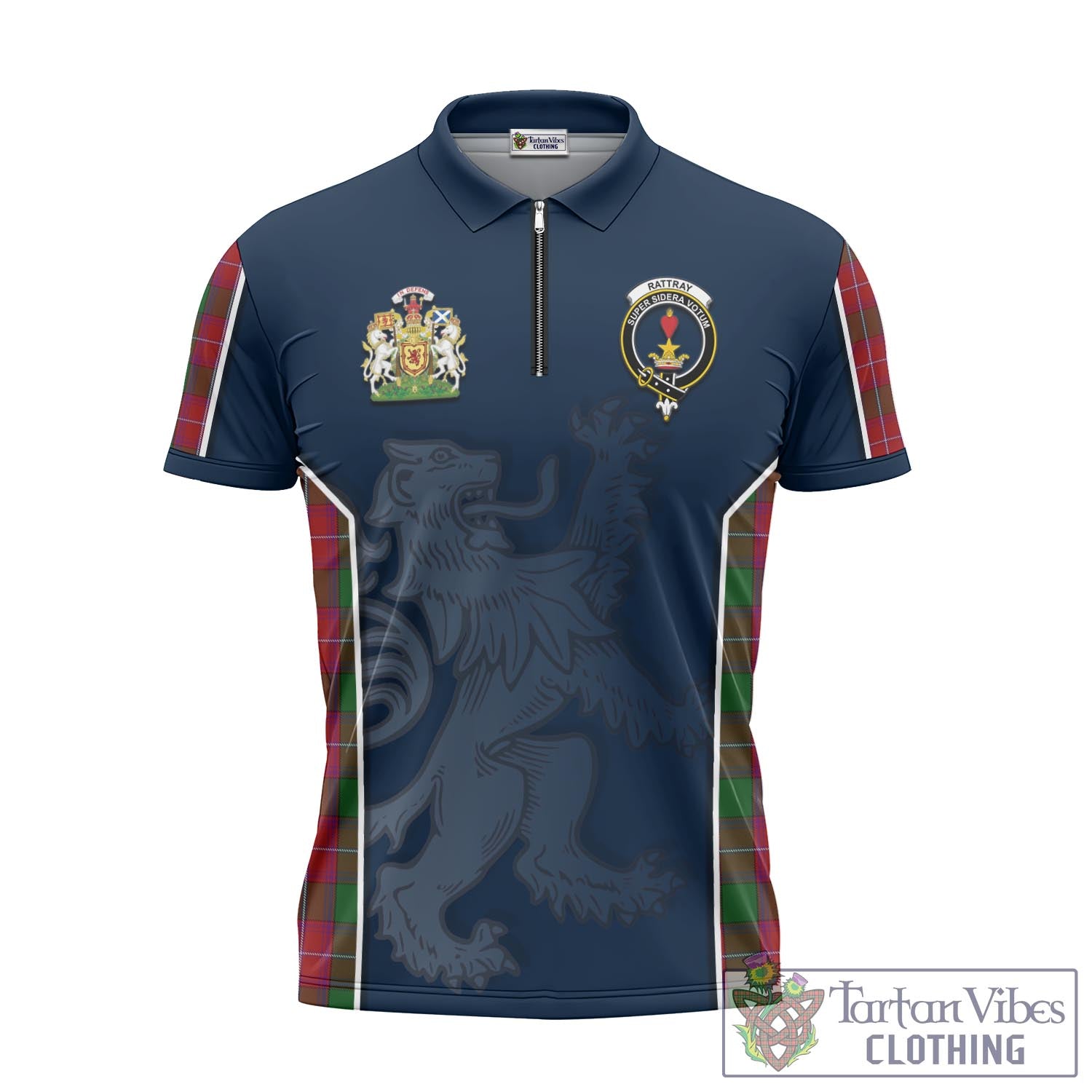 Tartan Vibes Clothing Rattray Tartan Zipper Polo Shirt with Family Crest and Lion Rampant Vibes Sport Style