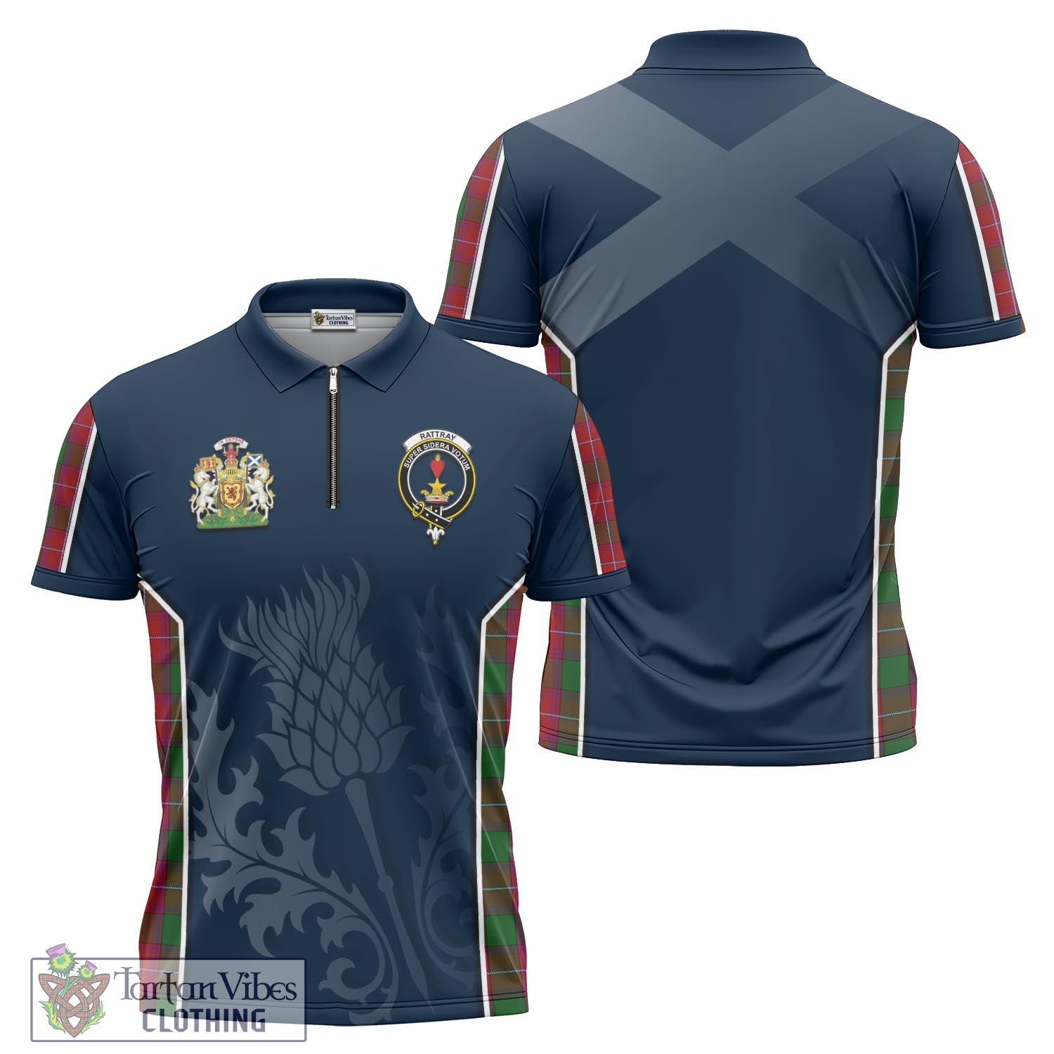 Tartan Vibes Clothing Rattray Tartan Zipper Polo Shirt with Family Crest and Scottish Thistle Vibes Sport Style