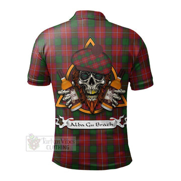 Tartan Vibes Clothing Rattray Tartan Polo Shirt with Family Crest and Bearded Skull Holding Bottles of Whiskey