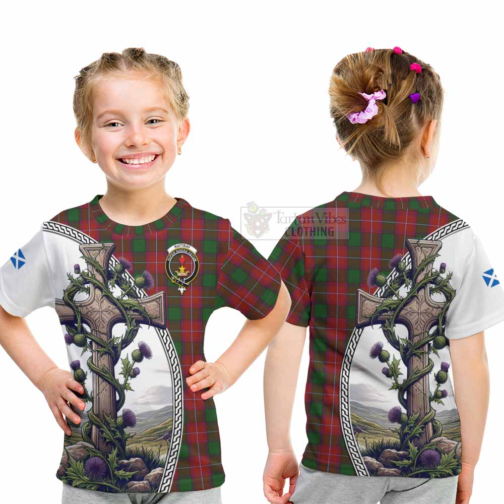 Tartan Vibes Clothing Rattray Tartan Kid T-Shirt with Family Crest and St. Andrew's Cross Accented by Thistle Vines