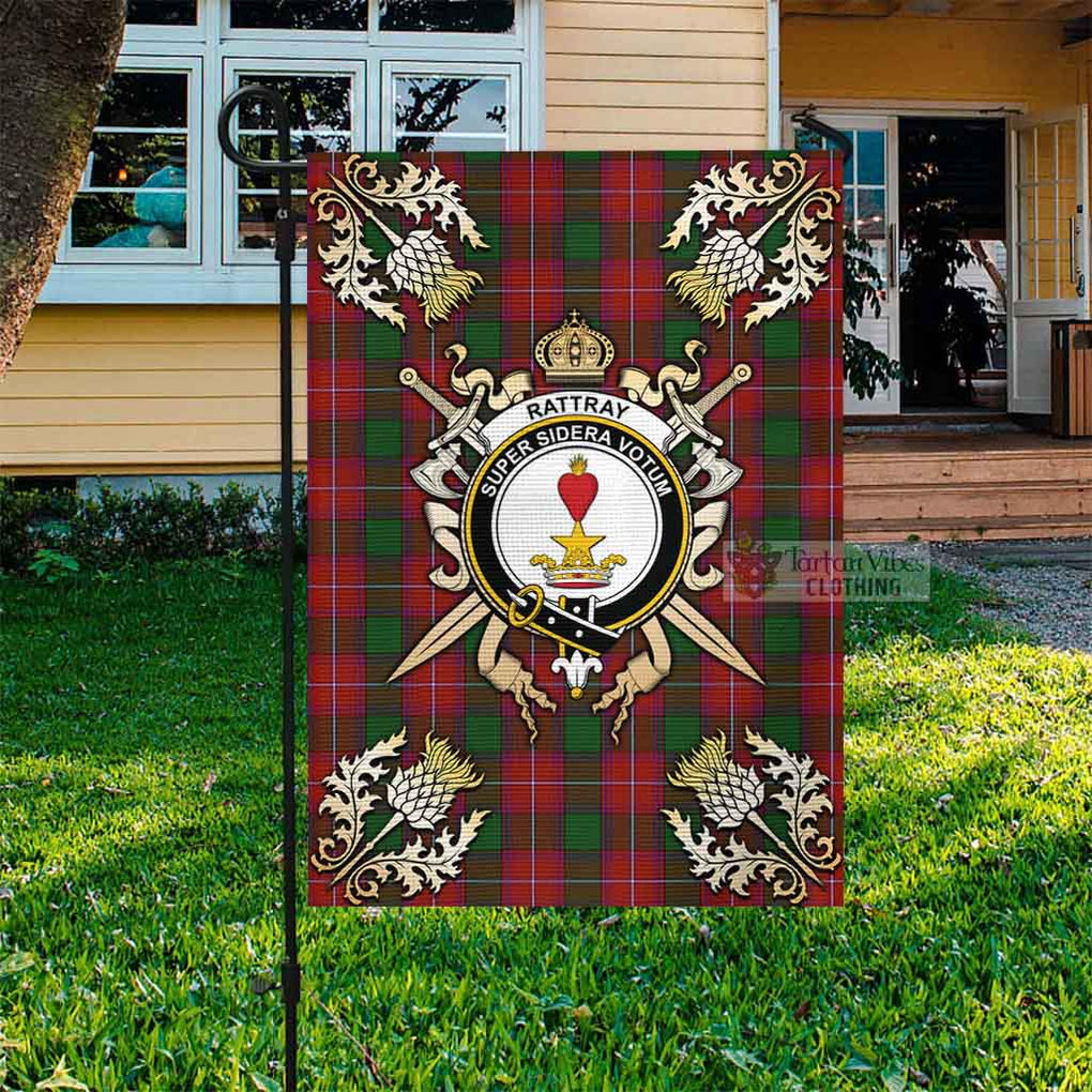 Tartan Vibes Clothing Rattray Tartan Flag with Family Crest and Golden Thistle Crossed Sword Design