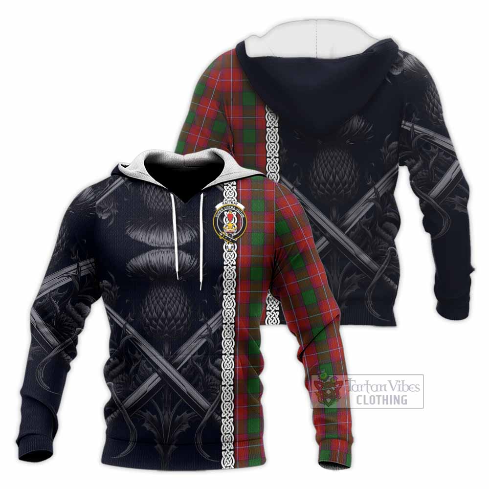 Tartan Vibes Clothing Rattray Tartan Knitted Hoodie with Family Crest Cross Sword Thistle Celtic Vibes