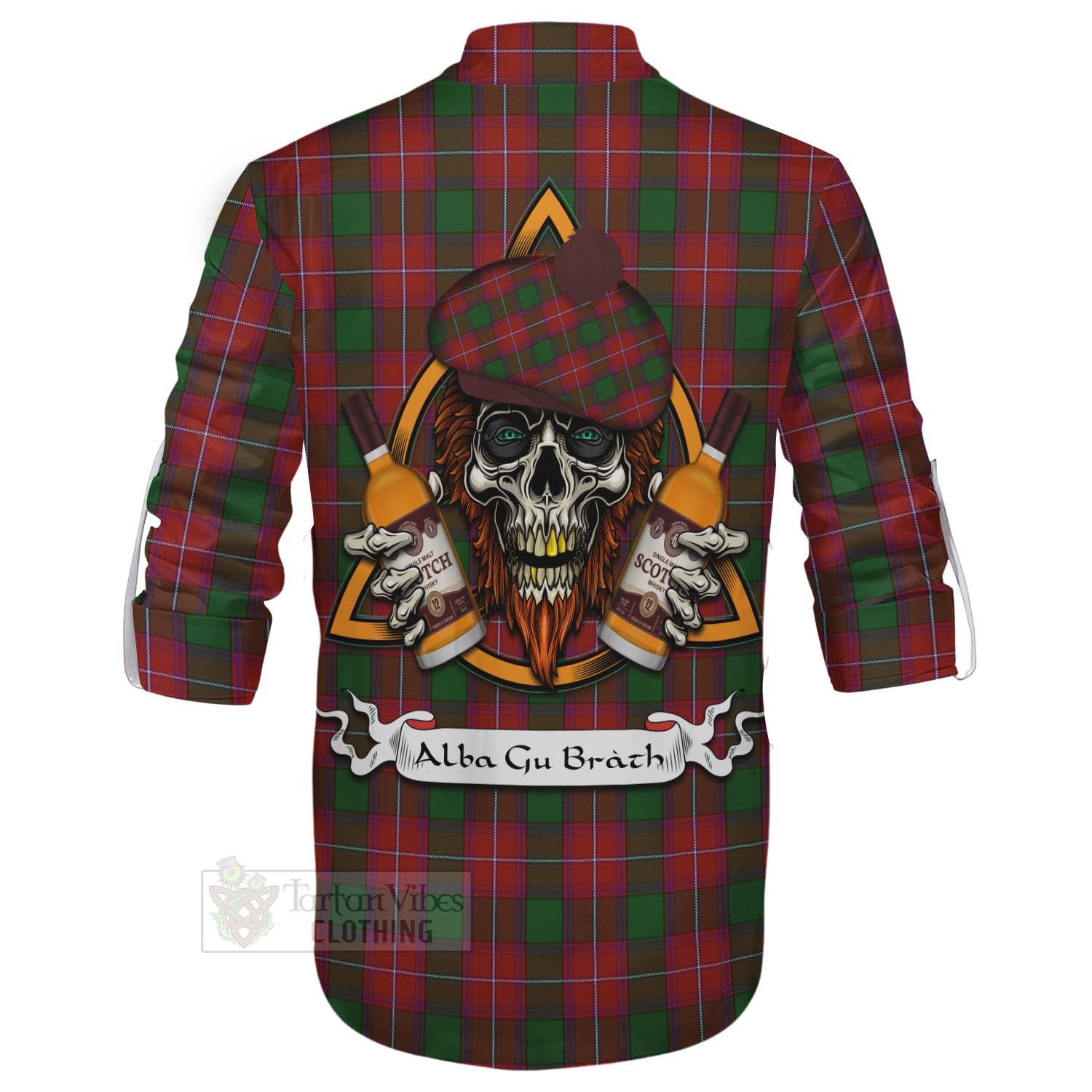 Tartan Vibes Clothing Rattray Tartan Ghillie Kilt Shirt with Family Crest and Bearded Skull Holding Bottles of Whiskey