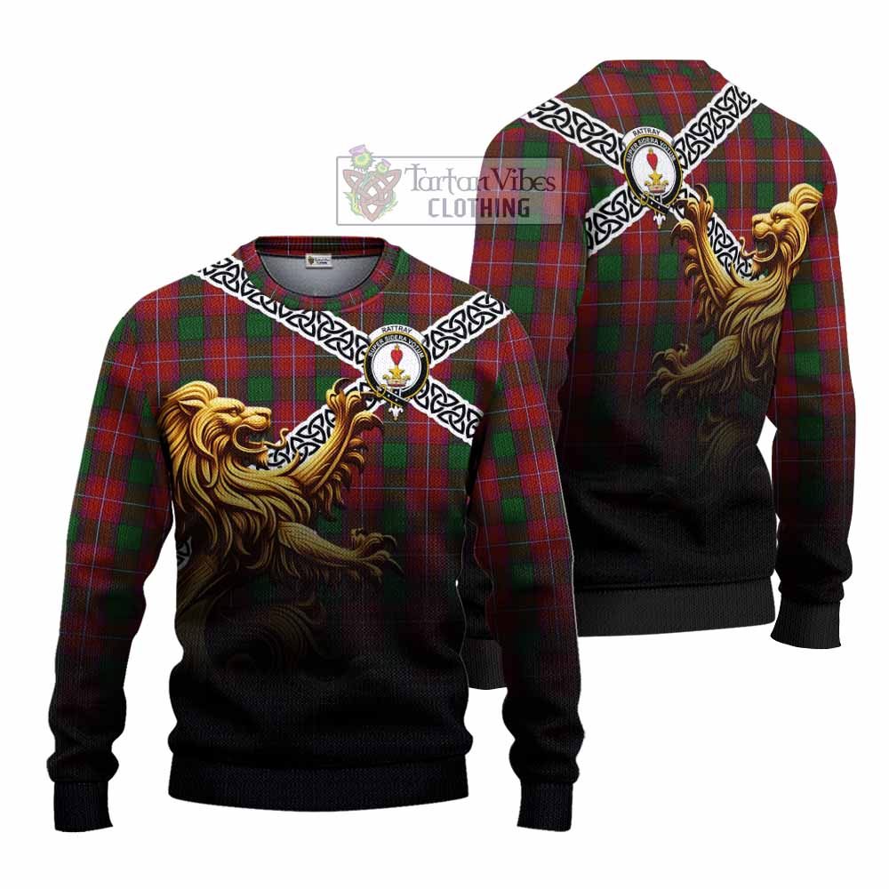 Tartan Vibes Clothing Rattray Crest Tartan Knitted Sweater with Golden Lion Emblem Celtic Style