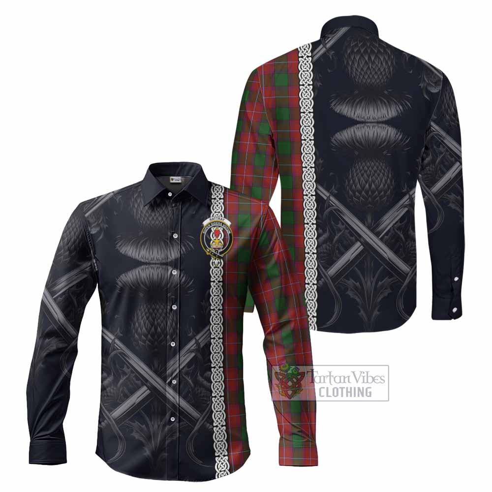Tartan Vibes Clothing Rattray Tartan Long Sleeve Button Shirt with Family Crest Cross Sword Thistle Celtic Vibes