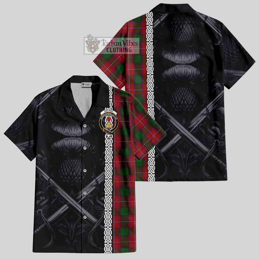 Tartan Vibes Clothing Rattray Tartan Short Sleeve Button Shirt with Family Crest Cross Sword Thistle Celtic Vibes