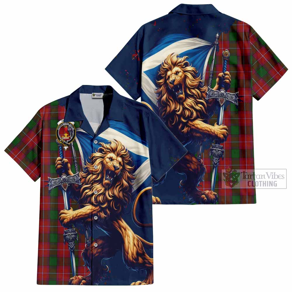 Tartan Vibes Clothing Rattray Tartan Family Crest Short Sleeve Button Shirt with Scottish Majestic Lion