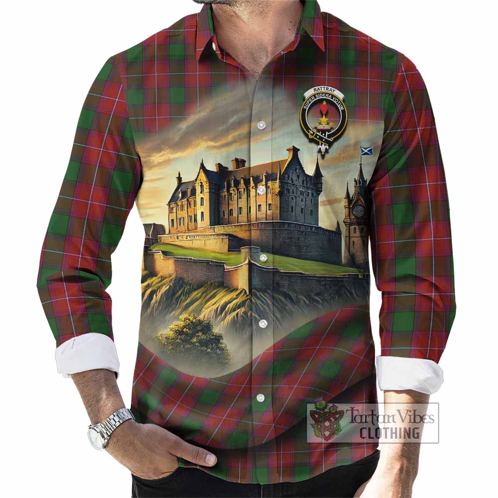 Tartan Vibes Clothing Rattray Tartan Family Crest Long Sleeve Button Shirt with Scottish Ancient Castle Style