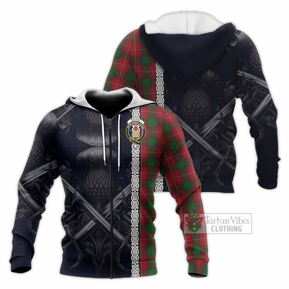 Tartan Vibes Clothing Rattray Tartan Knitted Hoodie with Family Crest Cross Sword Thistle Celtic Vibes