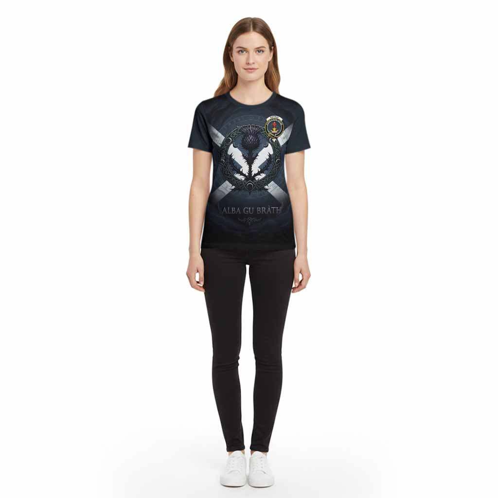 Rattray Clan Crest Cotton T-shirt with Celtic Knot Thistle and Saltire