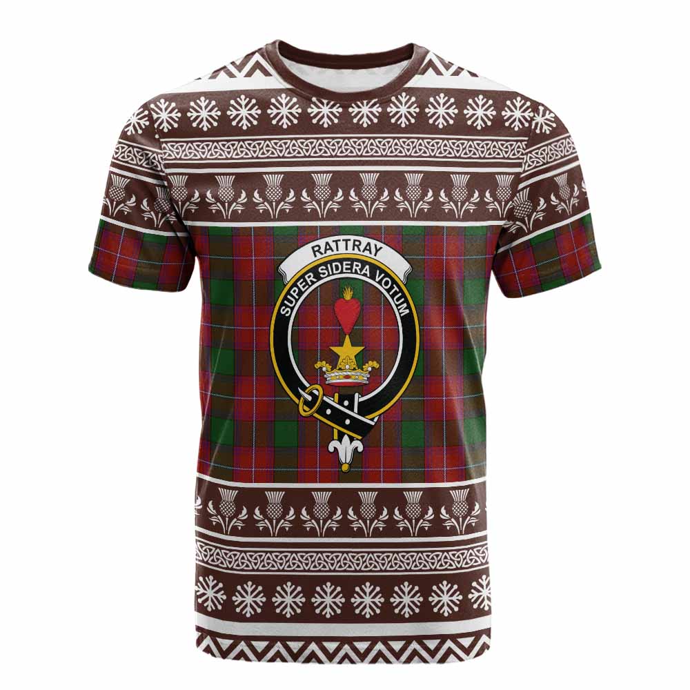 Rattray Clan Tartan Christmas Cotton T-shirt with Family Crest - Tartan Vibes Clothing