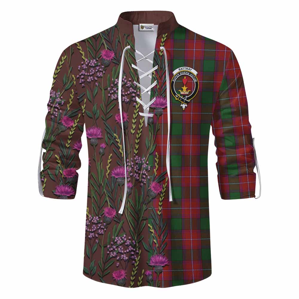 Rattray Family Crest Tartan Ghillie Shirt Scottish Thistle Flower Pattern Half Style - Tartan Vibes Clothing