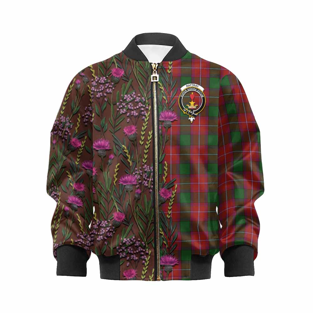 Rattray Family Crest Tartan Kid Bomber Jacket Scottish Thistle Flower Pattern Half Style - Tartan Vibes Clothing