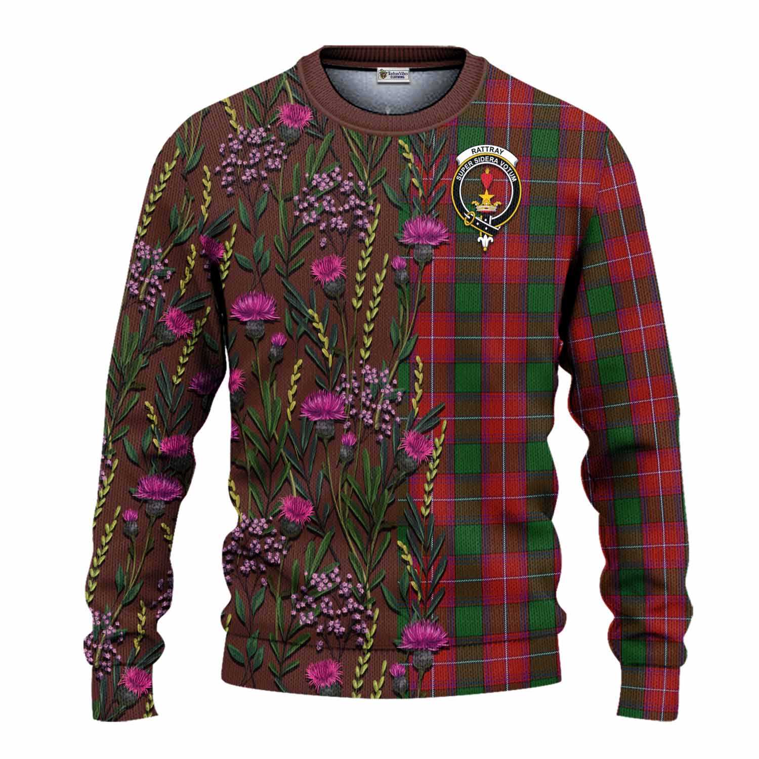 Rattray Family Crest Tartan Knitted Sweater Scottish Thistle Flower Pattern Half Style - Tartan Vibes Clothing