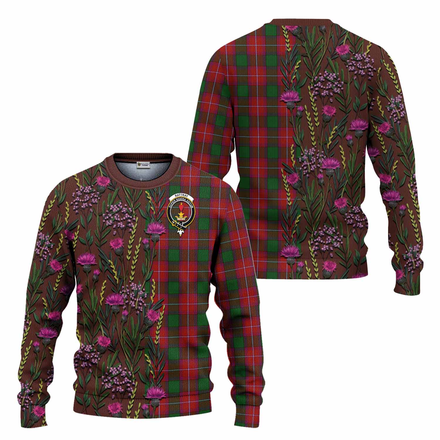 Rattray Family Crest Tartan Knitted Sweater Scottish Thistle Flower Pattern Half Style - Tartan Vibes Clothing