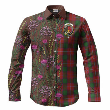 Rattray Family Crest Tartan Long Sleeve Button Shirts Scottish Thistle Flower Pattern Half Style