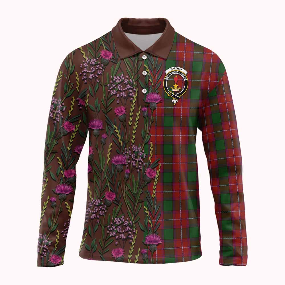 Rattray Family Crest Tartan Long Sleeve Polo Shirt Scottish Thistle Flower Pattern Half Style - Tartan Vibes Clothing