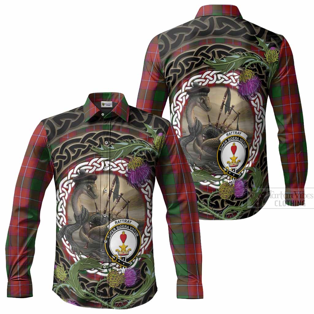 Rattray Tartan Crest Bagpipe Nessie Long Sleeve Button Shirts Scottish Loch Ness Monster Celtic Thistle
