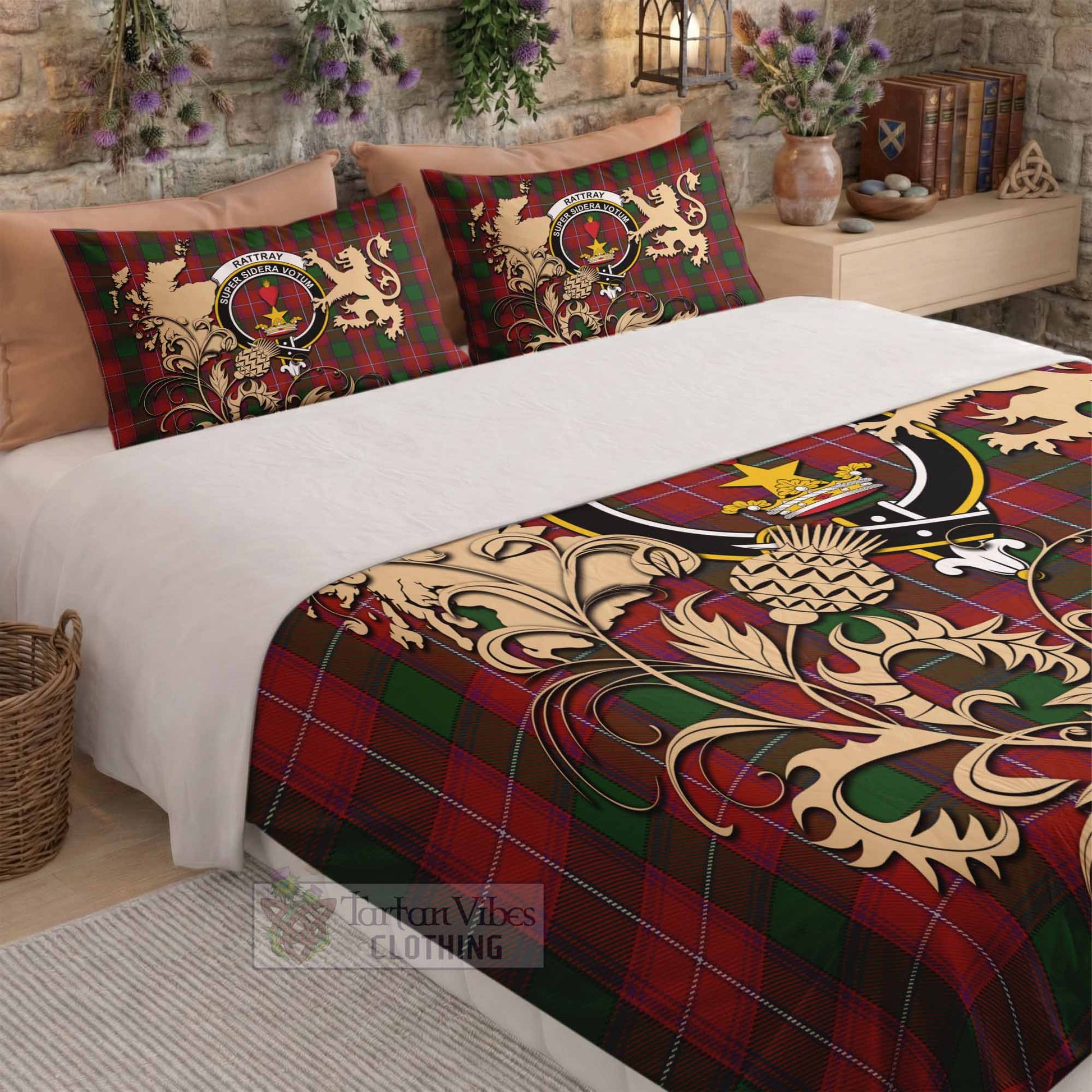 Rattray Tartan Crest Bedding Set with Scottish Iconic Symbols 