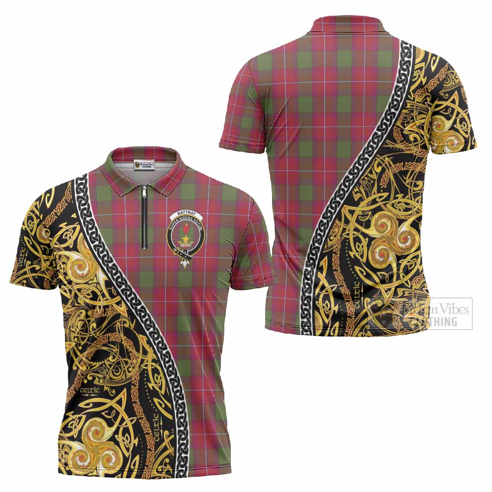 Rattray Tartan Crest Zipper Polo Shirt Celtic Knot and Triple Trickle Spiral Symbols