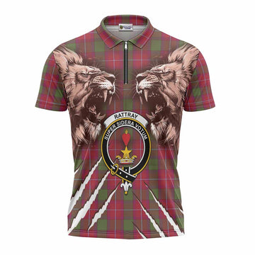 Rattray Tartan Crest Zipper Polo Shirt Ferocious Lion Style