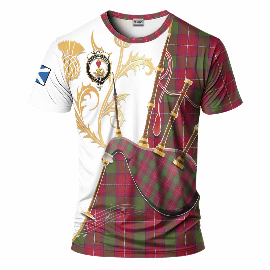Rattray Tartan Family Crest T-Shirt Bagpipes with Scottish Thistle