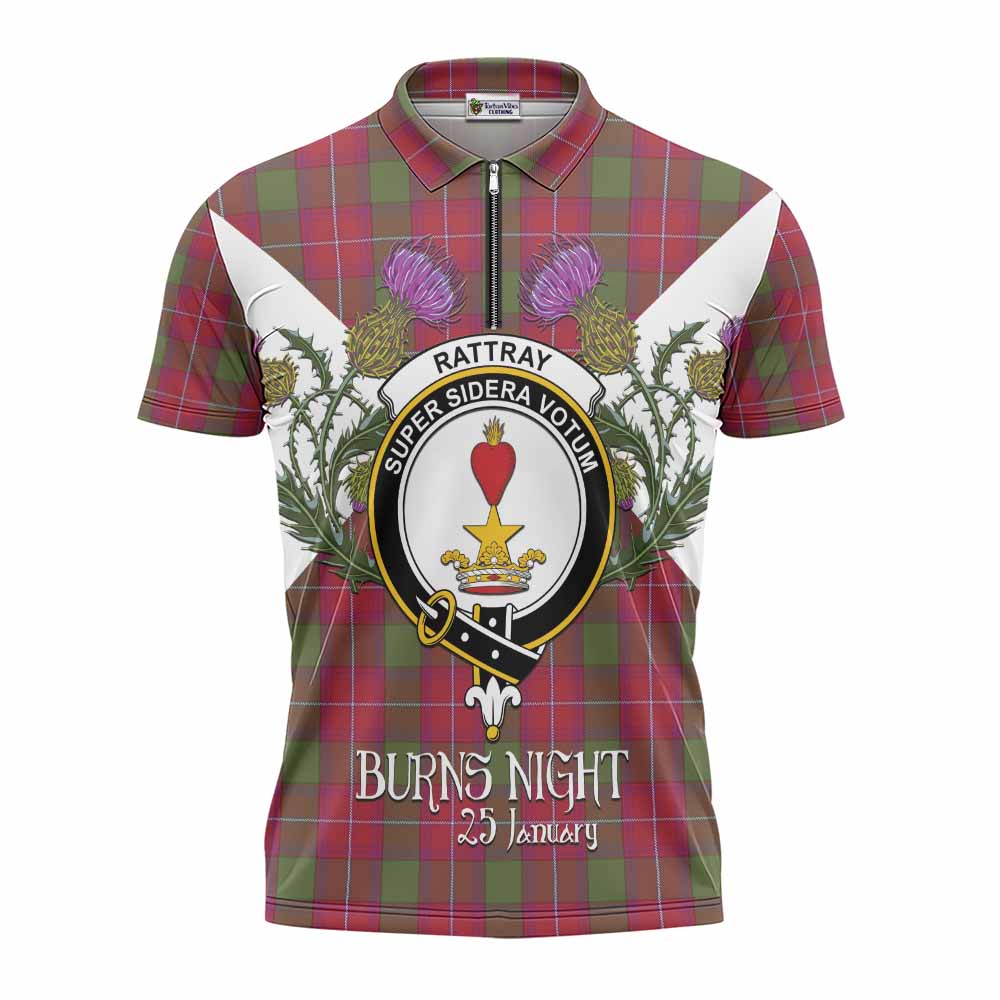 Rattray Tartan Family Crest Zipper Polo Shirt Scottish Burns Night Thistle Floral