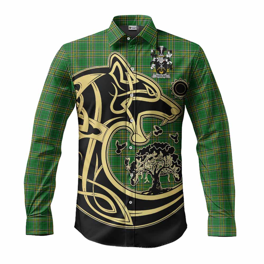 Rawlins Irish Tartan Long Sleeve Button Shirt with Coat of Arms Celtic Wolf Style Men's Shirt S - Tartan Vibes Clothing