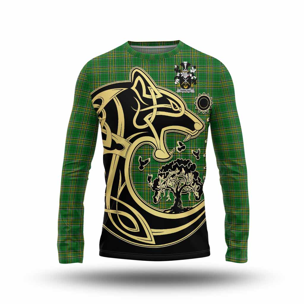 Rawlins Irish Tartan Long Sleeve T-Shirt with Coat of Arms Celtic Wolf Style Unisex - Tartan Vibes Clothing