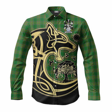 Rawson Irish Tartan Long Sleeve Button Shirt with Coat of Arms Celtic Wolf Style Men's Shirt S - Tartan Vibes Clothing