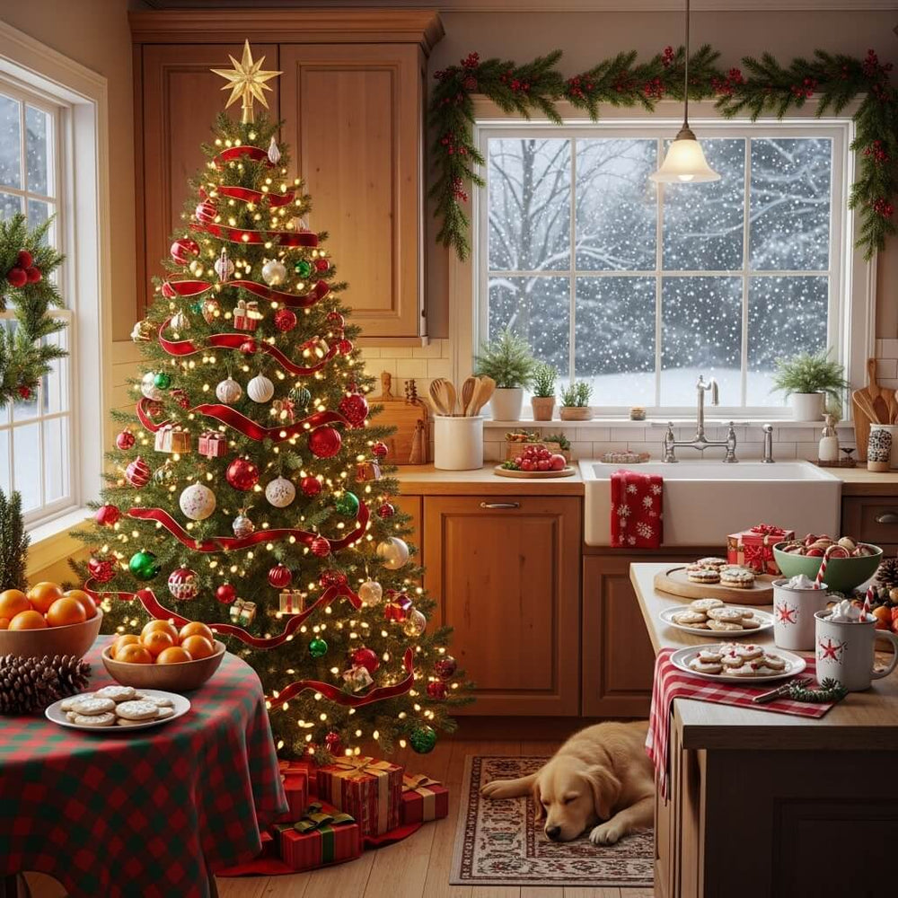 Cozy kitchen decorated in a red and green Christmas theme with a glowing tree, festive treats, and a dog resting by the window on a snowy day.