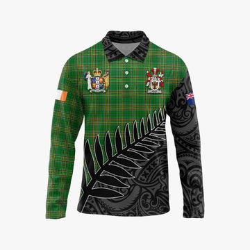 Tartan Vibes Clothing Reidy Irish Clan Tartan Long Sleeve Polo Shirt with Coat of Arms New Zealand Silver Fern Half Style