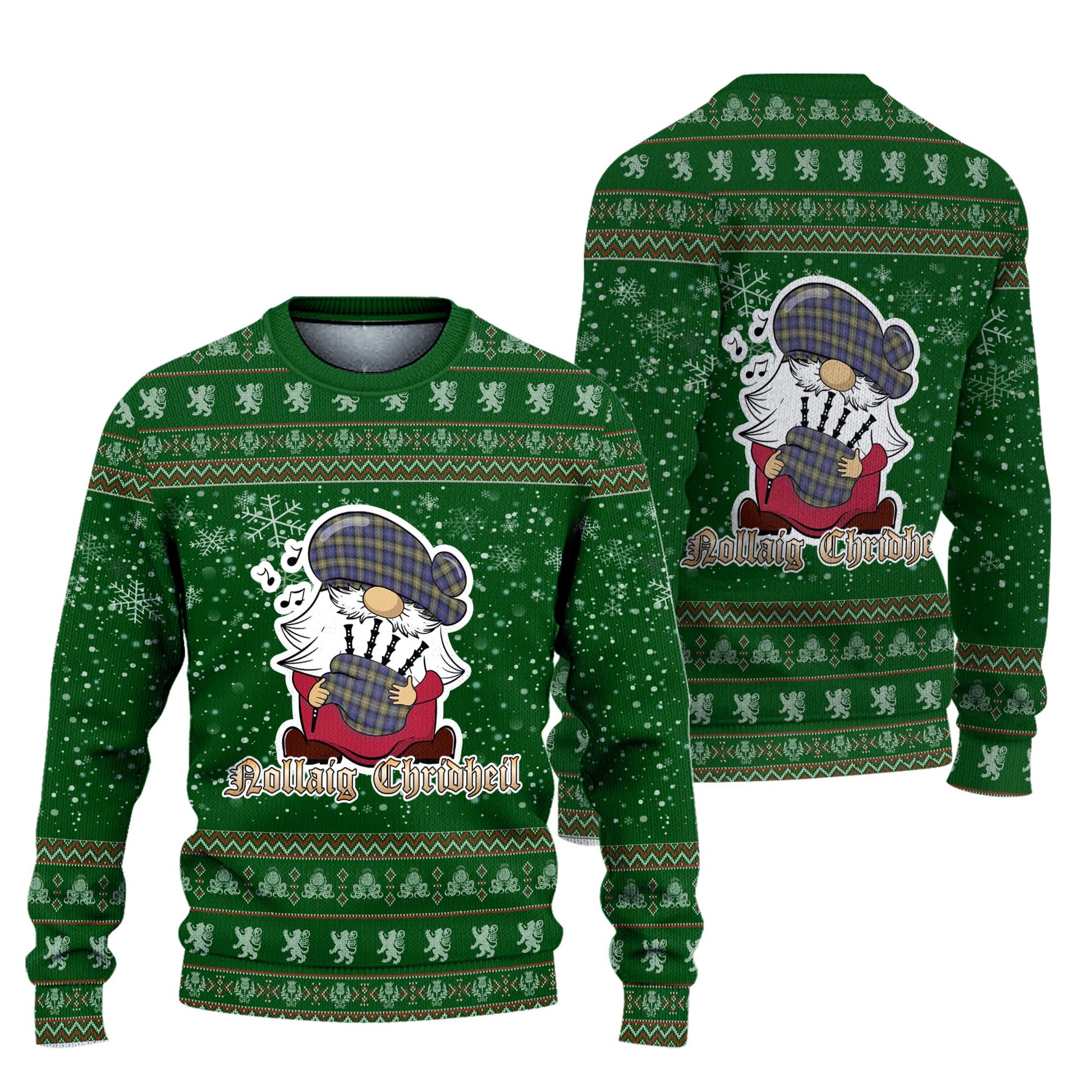 Rennie Clan Christmas Family Knitted Sweater with Funny Gnome Playing Bagpipes Unisex Green - Tartanvibesclothing