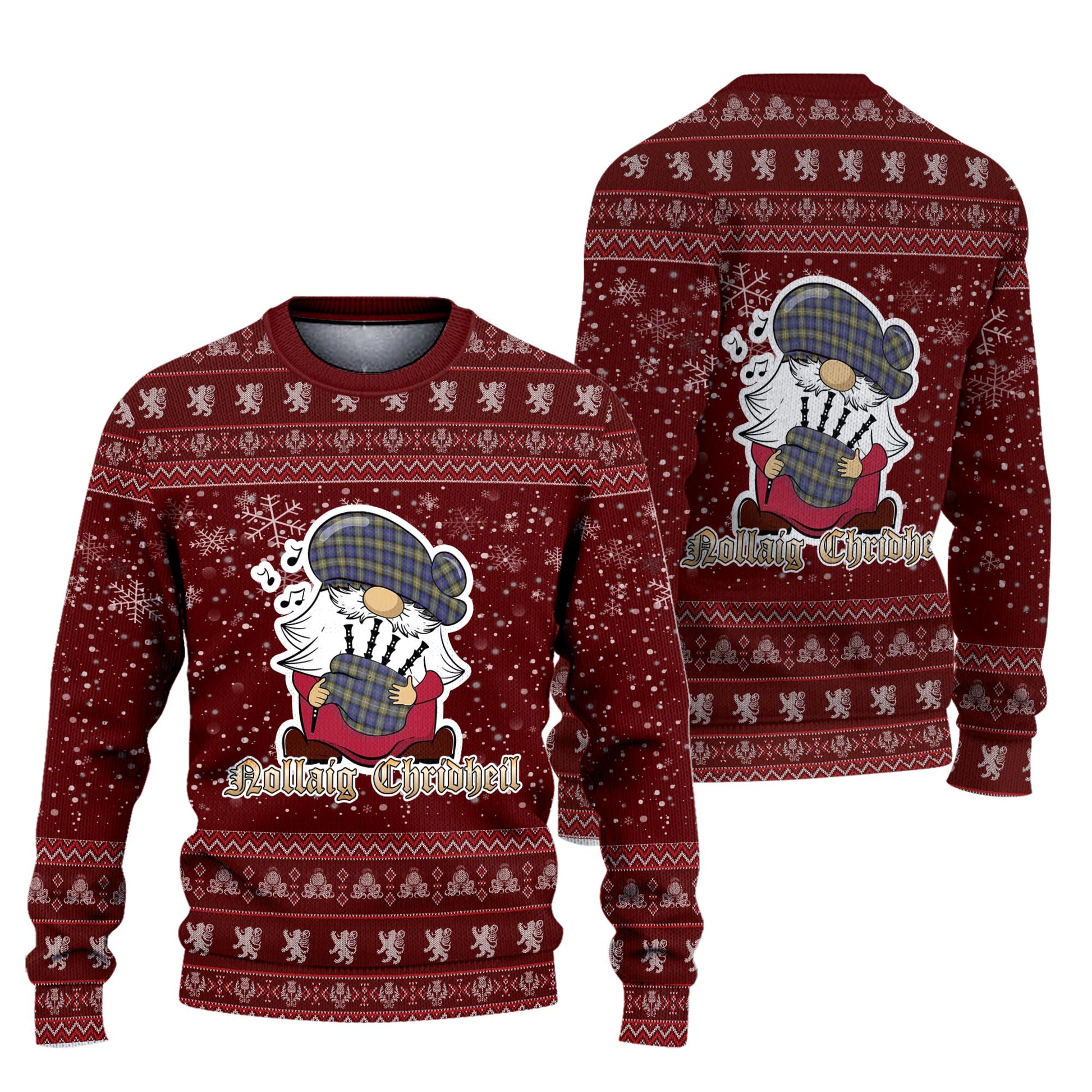 Rennie Clan Christmas Family Knitted Sweater with Funny Gnome Playing Bagpipes Unisex Red - Tartanvibesclothing