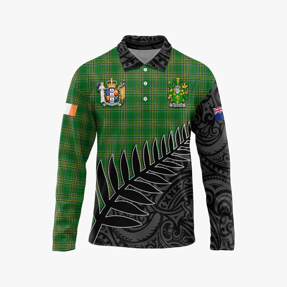 Tartan Vibes Clothing Reynolds Irish Clan Tartan Long Sleeve Polo Shirt with Coat of Arms New Zealand Silver Fern Half Style