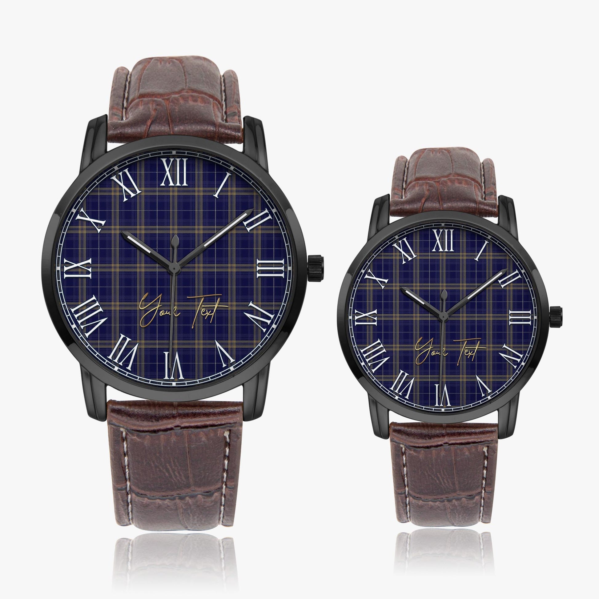 Rhys of Wales Tartan Personalized Your Text Leather Trap Quartz Watch Wide Type Black Case With Brown Leather Strap - Tartanvibesclothing